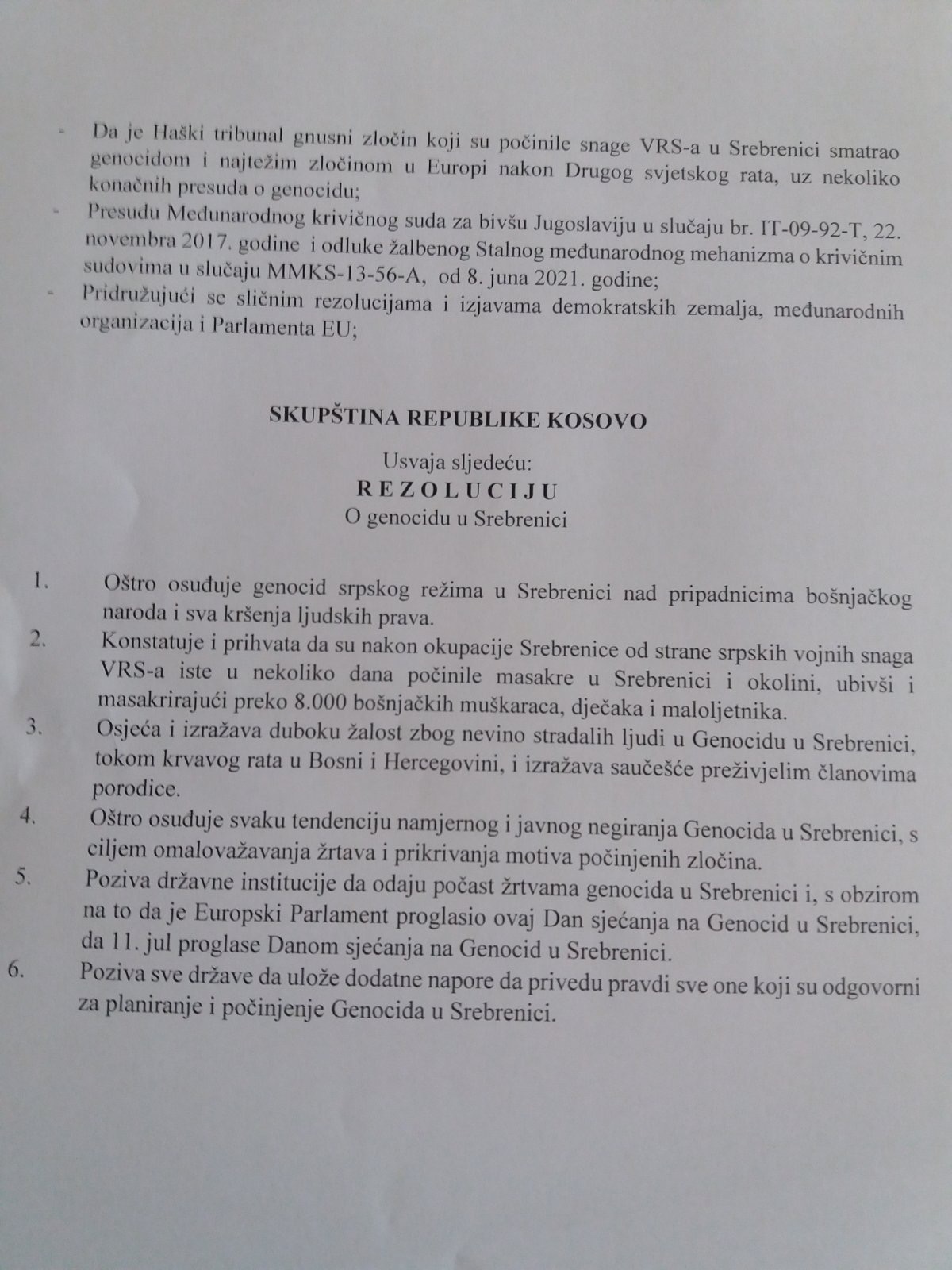 Nacrt Rezolucije o Srebrenici