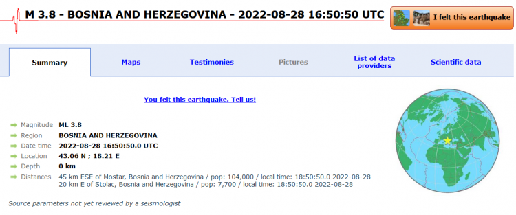 3.8-magnitude earthquake hits Bosnia and Herzegovina
